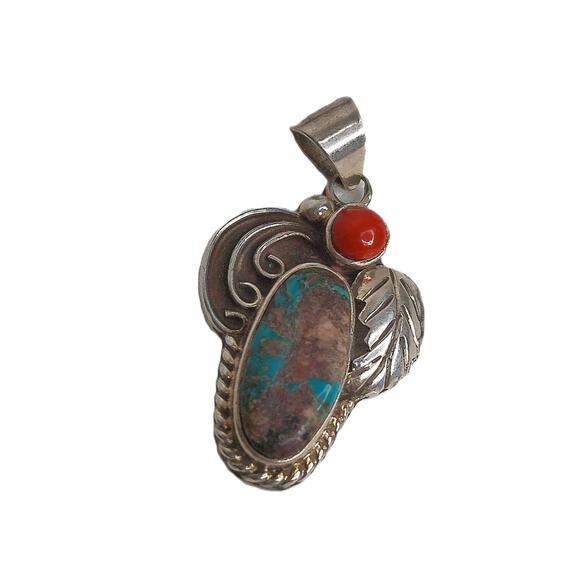 Vintage Richard Begay Sterling Silver Navajo Turquoise Coral Pendant READ - Picture 5 of 6